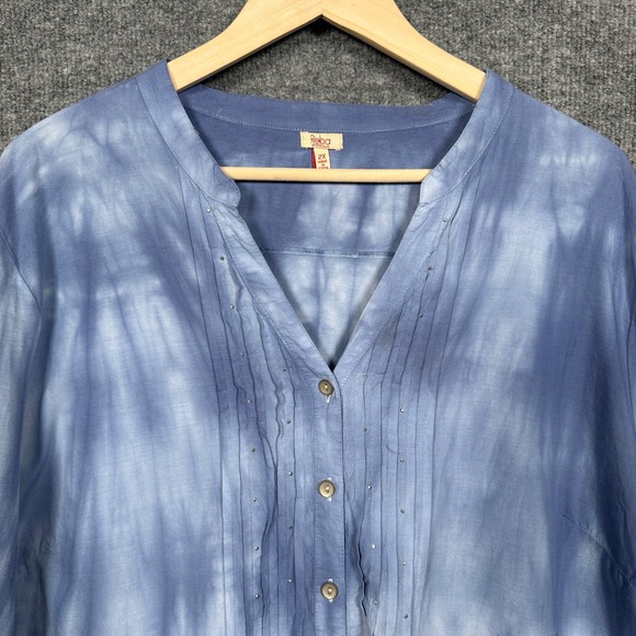 Reba Plus Size 2X Top Blouse Blue Tie Dye Cotton Peasant Buttons Embroidered - Picture 3 of 8